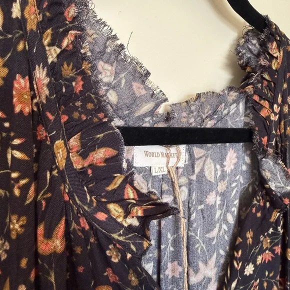 NWT Cost Plus World Market Black V-Neck Sleeveless Floral Tiered Midi Dress L/XL - Picture 3 of 12